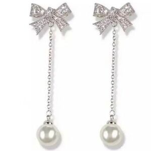 NEW! Pearl Bow Silver Long Dangle Earrings